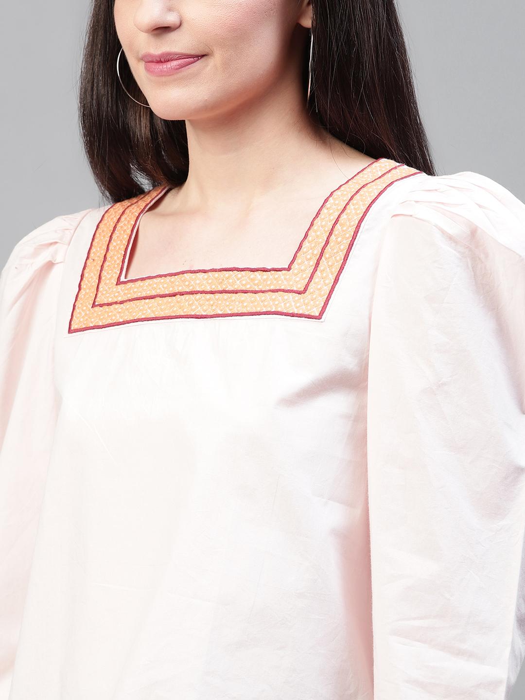 Pink Embroidered Solid Puff Sleeves Top