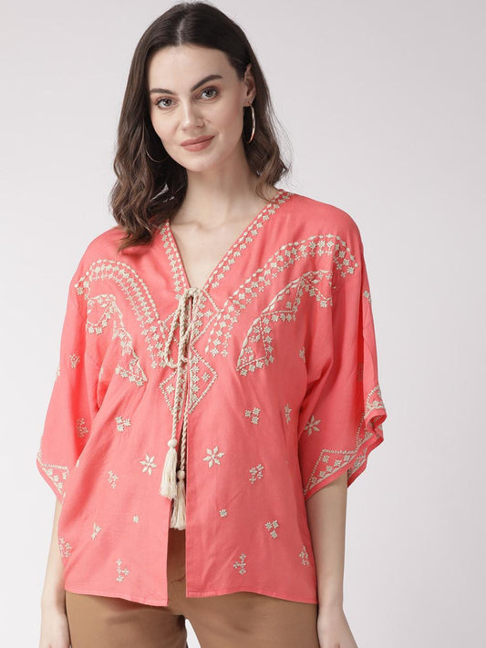 Scoup Pink & Off-White Embroidered Tie-Up Shrug