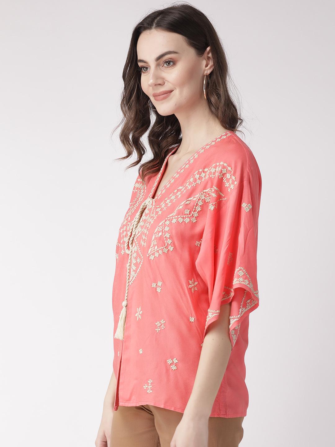 Scoup Pink & Off-White Embroidered Tie-Up Shrug