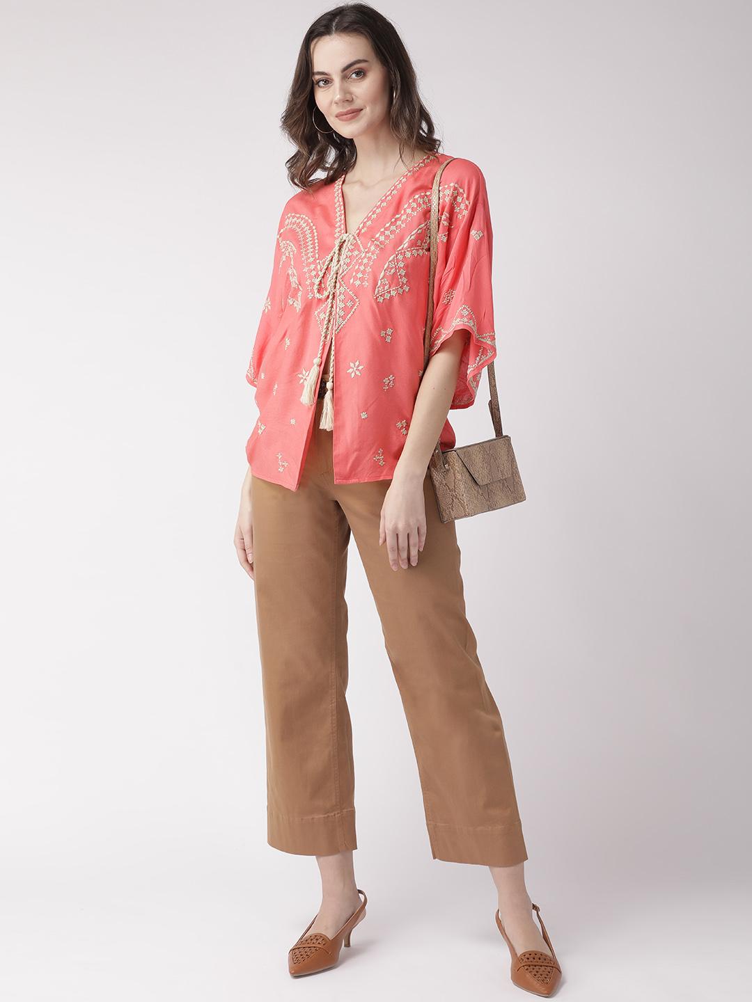 Scoup Pink & Off-White Embroidered Tie-Up Shrug