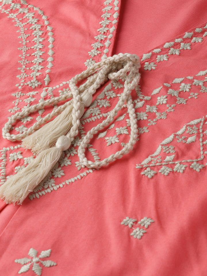 Scoup Pink & Off-White Embroidered Tie-Up Shrug
