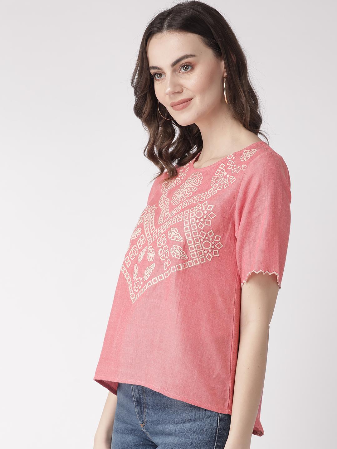 Pink chambary top with contrast embroidery