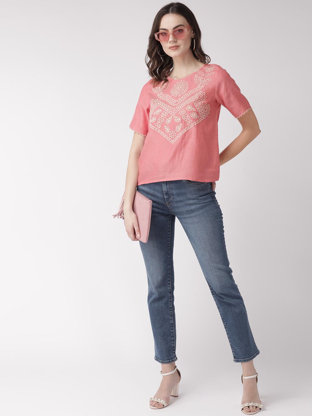 Pink chambary top with contrast embroidery