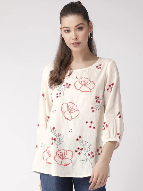 Scoup Combo of White Top and Embroidered Top
