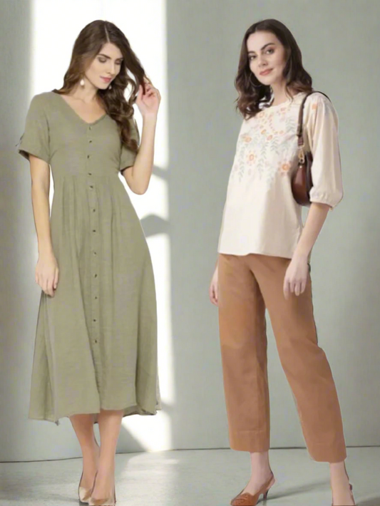 Scoup Combo of Green Dress & Cotton Embroidered Top