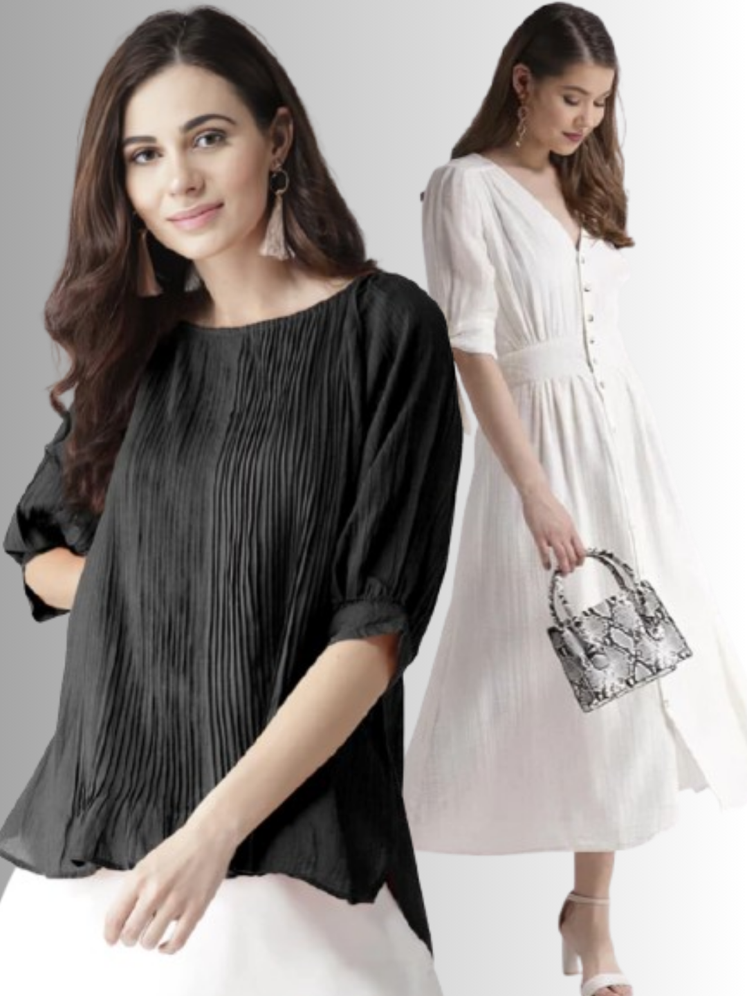 Scoup Combo of White Cotton Long Dress & Black Pintuck Top