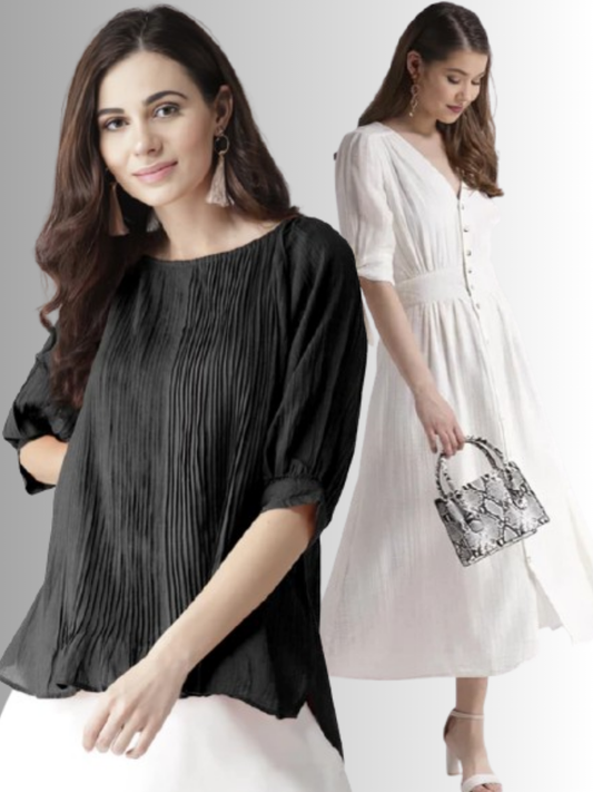 Scoup Combo of White Cotton Long Dress & Black Pintuck Top