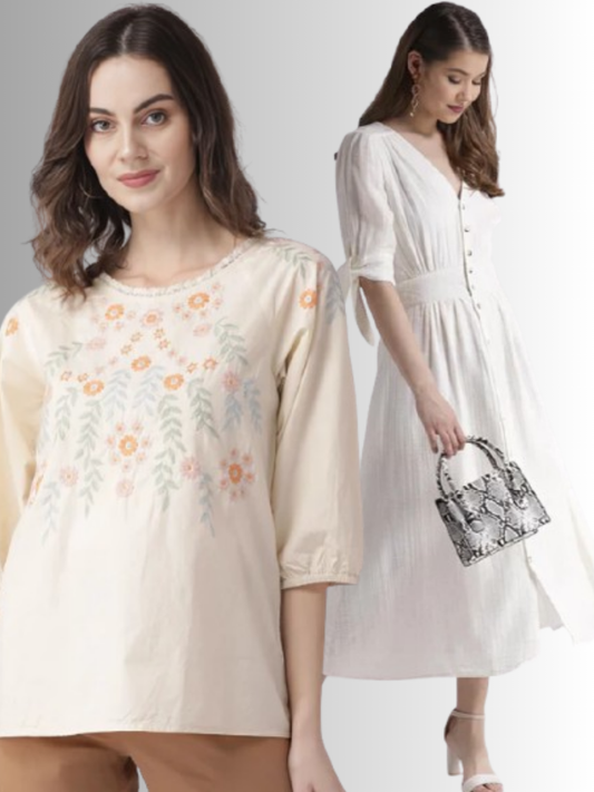 Scoup Combo of White Cotton Long Dress & Cotton Embroidered Top