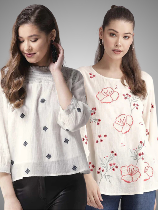 Scoup Combo of White Top and Embroidered Top