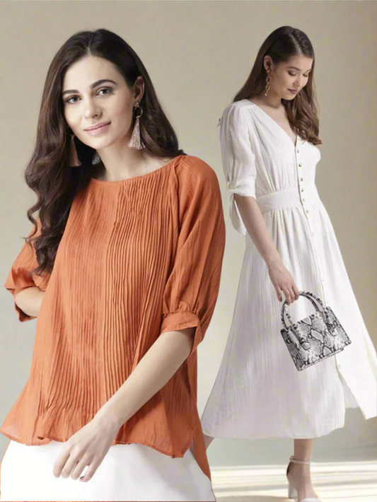 Combo of White Dress & Rust Top