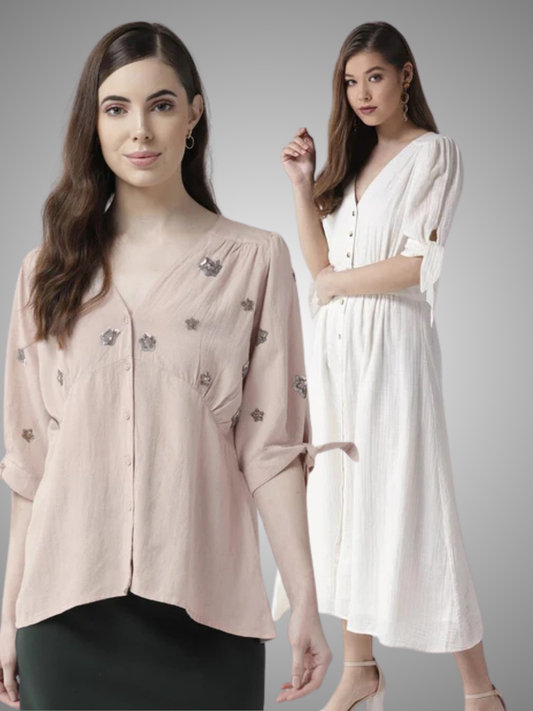 Scoup Combo of Cotton Long Dress & Dusty Pink Top