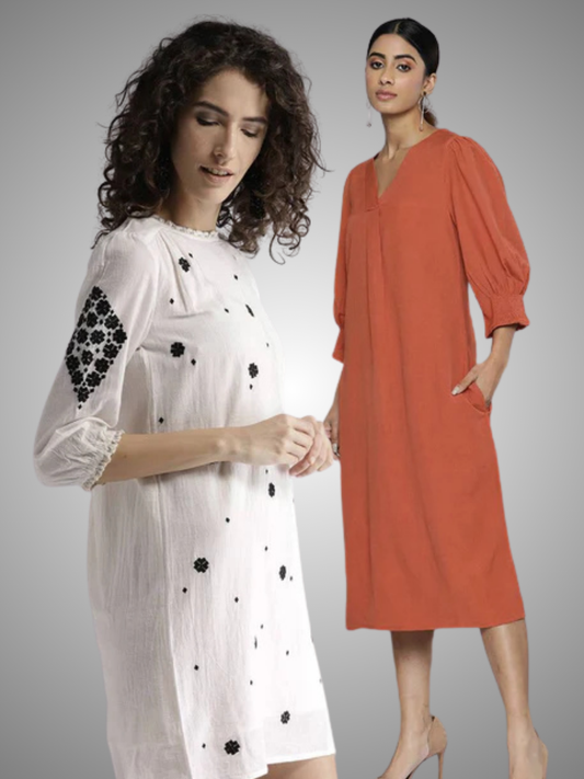 Scoup Combo of Embroidered Shift Dress and Rust V-Neck Front Pleat Detailed Dress