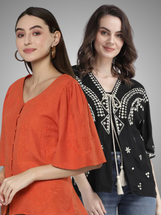 Scoup Combo of Tie-Up Shrug and Orange Embroidered Top
