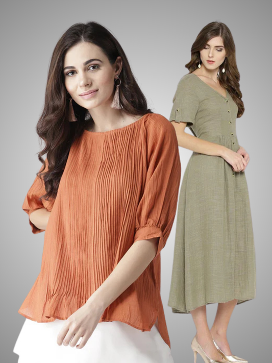 Scoup Combo of Green Dress & Rust Pintuck Top