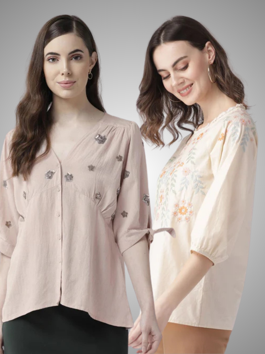 Scoup Combo of Cotton Embroidered Top & Dusty Pink Top