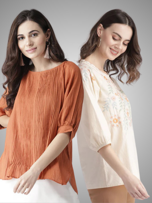 Scoup Combo of Cotton & Rust Pintuck Top