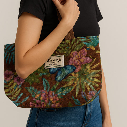 Woven Garden Print Tote Bag – Butterfly Detail