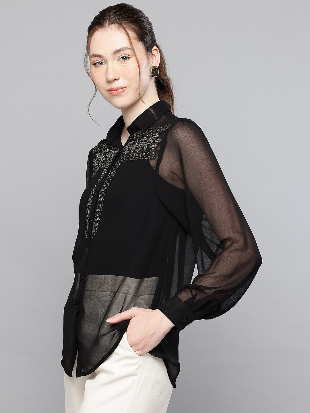 Hand embellished black polyester shirt