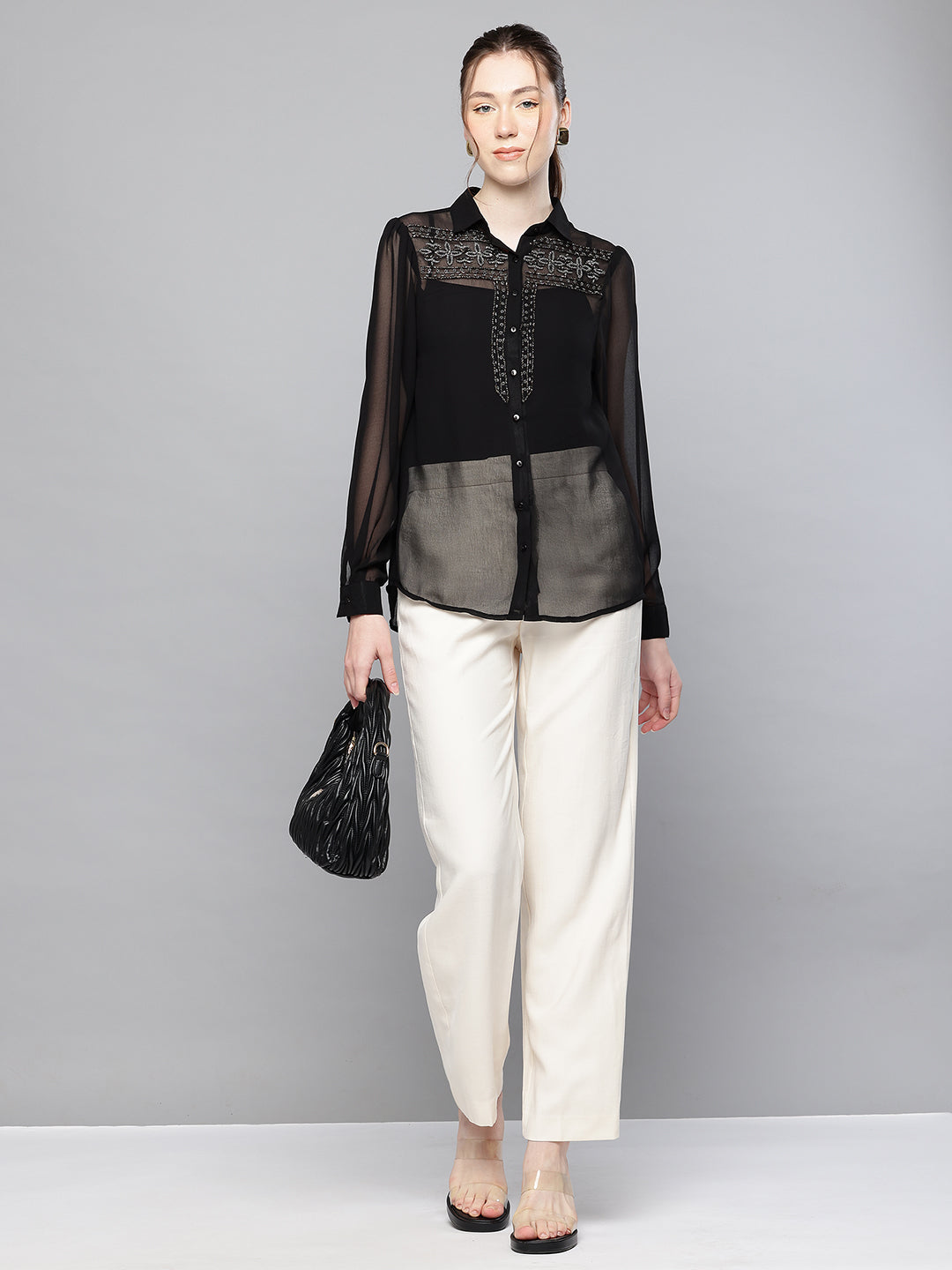 Hand embellished black polyester shirt