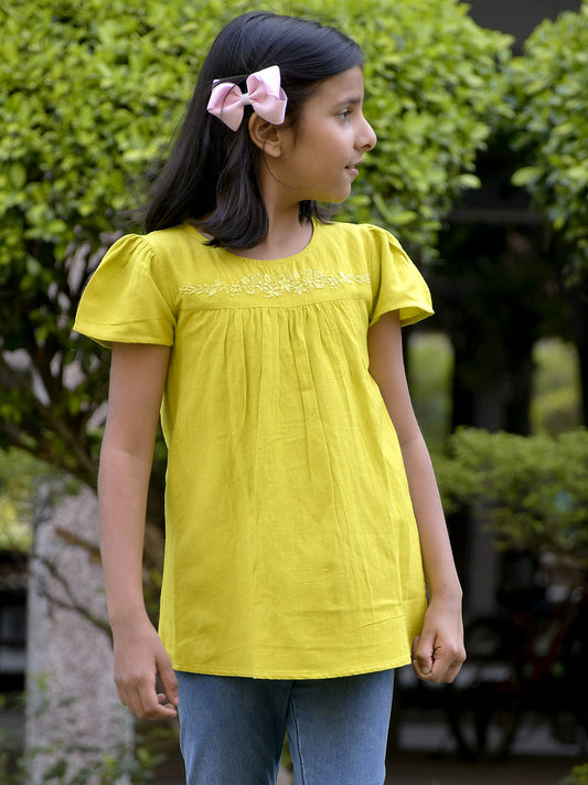 Scoup Yoke Embroidered yellow top
