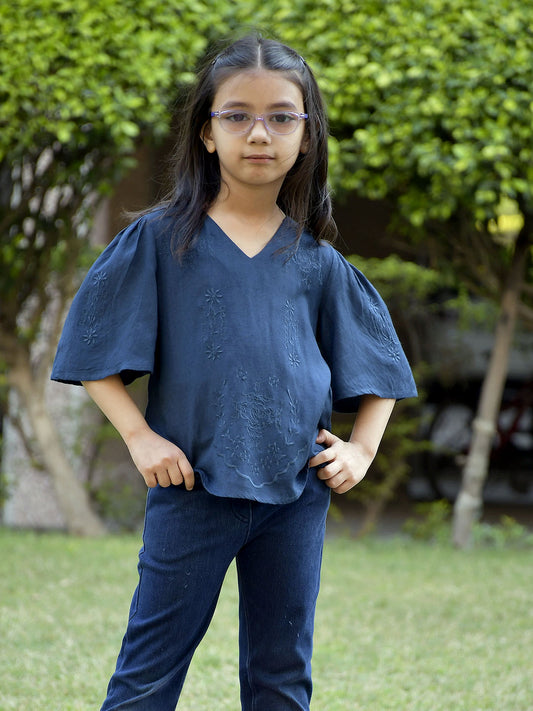 Scoup Embroidered v-neck blue  top