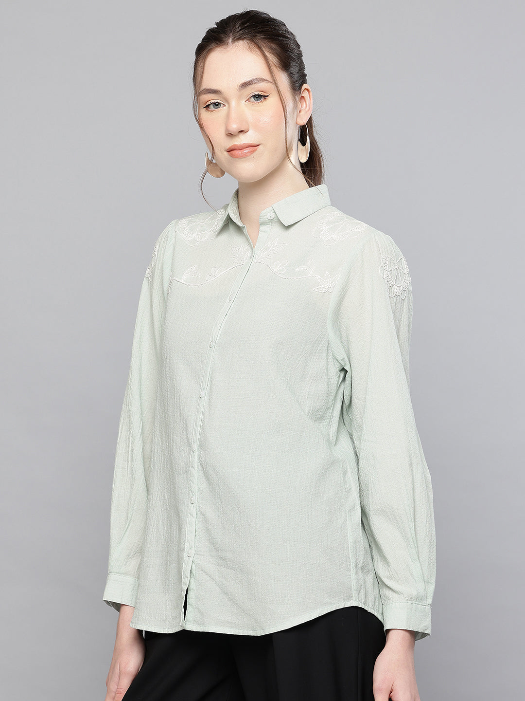 Light blue Cotton dobby hand embroidered shirt