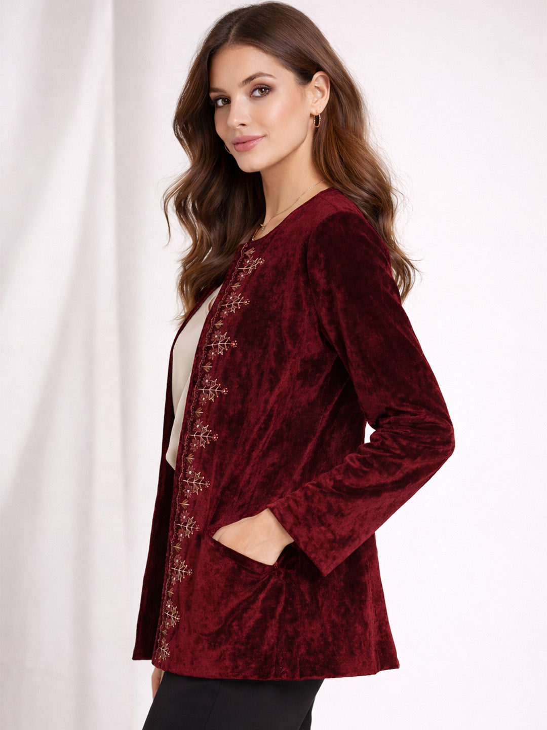 Scoup Women's embroidered-red-velvet-jacket