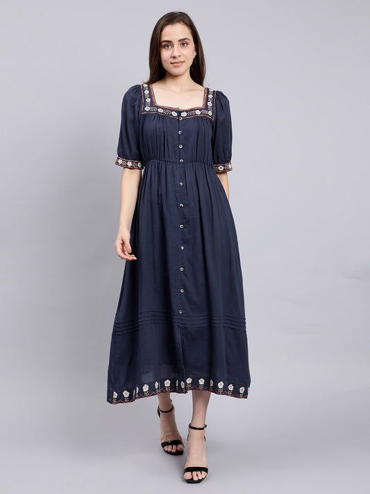 Navy Embroidered Long Cotton Dress
