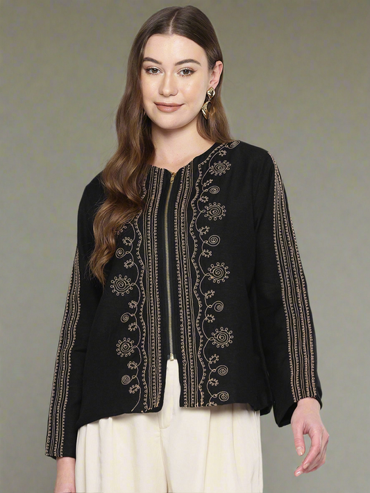 Chunky Embroidered Zip open Shrug