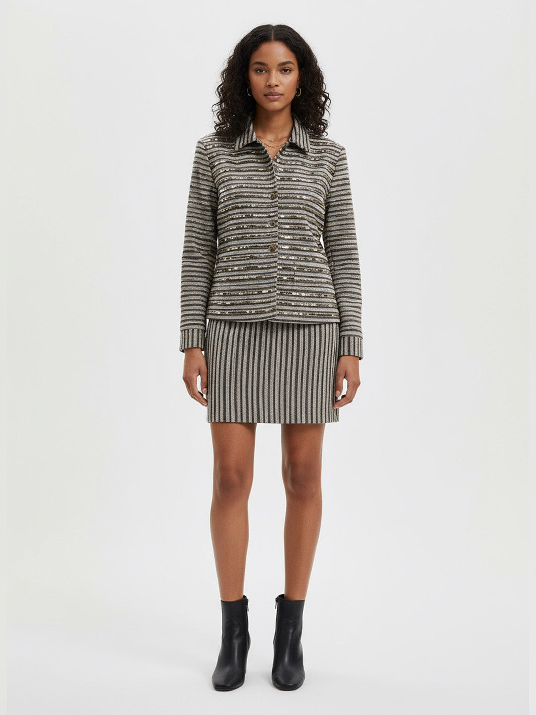 Sequinned Stripe Knit Jacket & Skirt Cord-Set