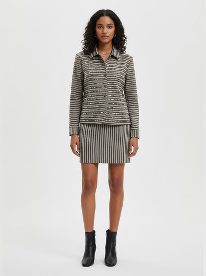 Sequinned Stripe Knit Jacket & Skirt Cord-Set