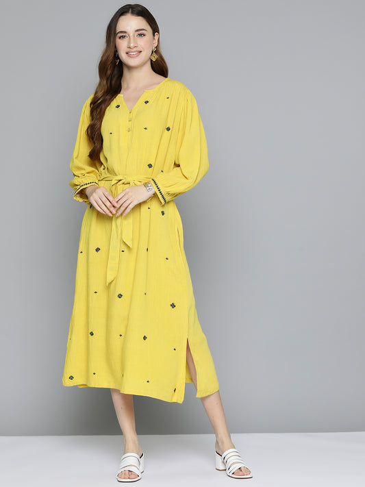 Mustard Maxi Embroidered Dress