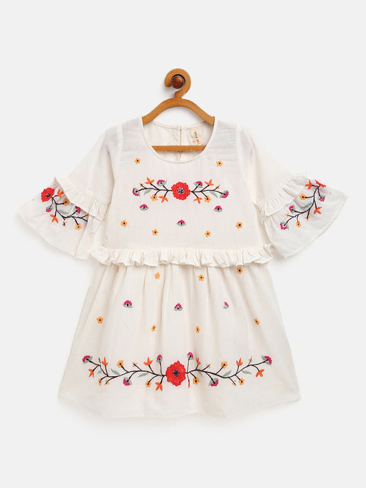 Cream Embroidered Cotton Dress with Flarred Sleeves
