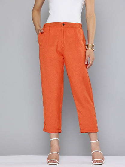Straight fit pleated orange trousers