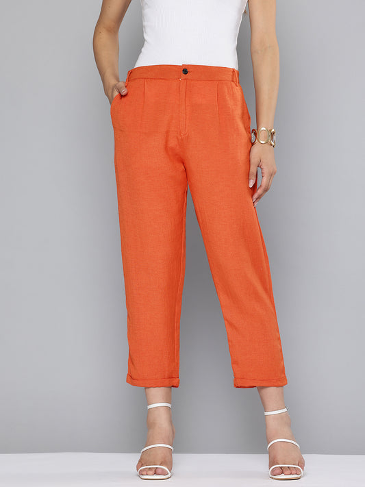 Straight fit pleated orange trousers