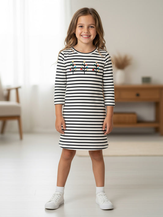 Blue & White Embroidered Stripe Dress