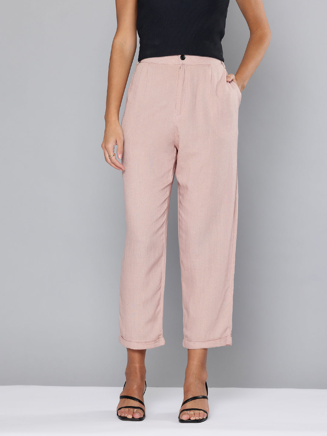 Straight fit pleated dusty pink trousers