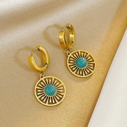 Gold Hoop Earrings with Circular Turquoise Pendant