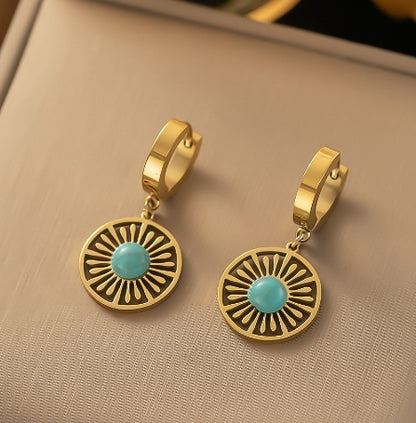 Gold Hoop Earrings with Circular Turquoise Pendant