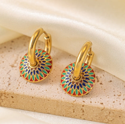 Gold Colored Hoop Earrings with Colorful Mosaic Disc