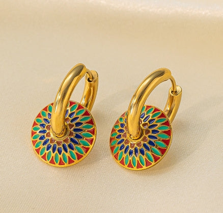 Gold Colored Hoop Earrings with Colorful Mosaic Disc