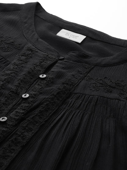 Black Embroidered Loose Fit Top