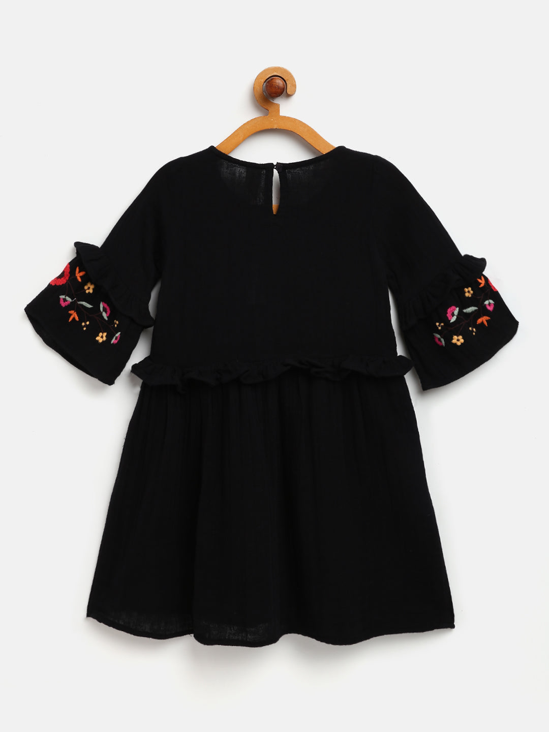 Black Embroidered Cotton Dress with Flarred Sleeves