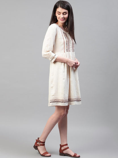 Cream Cotton Embroidered Dress