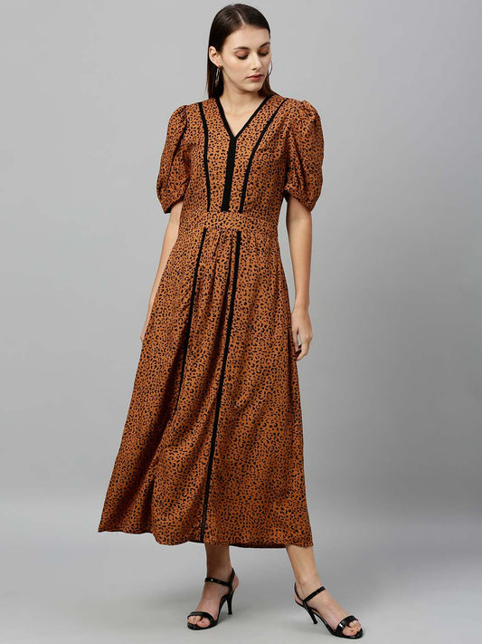 Leopard print long length dress with lace inserts