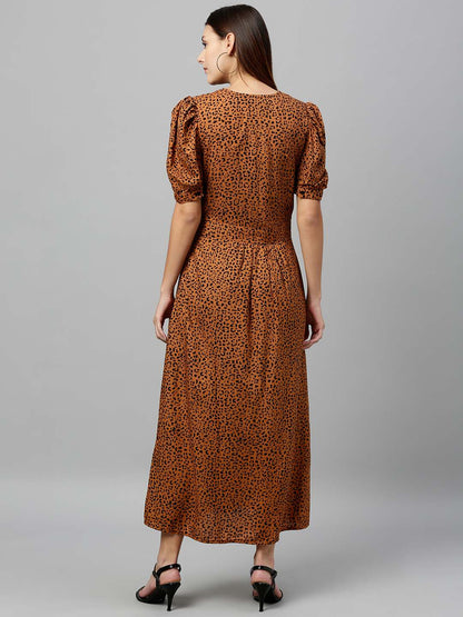 Leopard print long length dress with lace inserts
