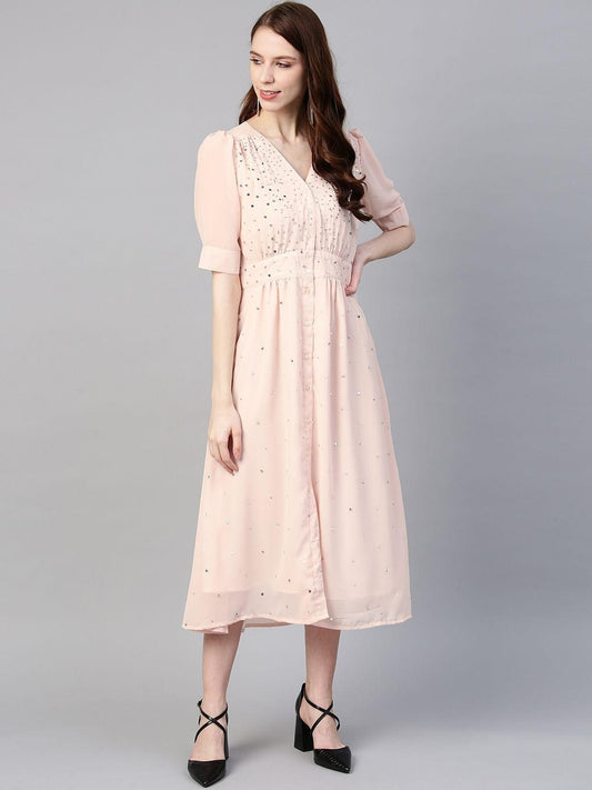 Peach Embellished Midi Dress
