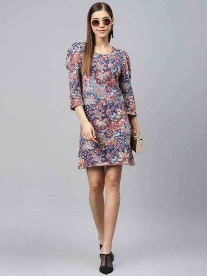 Printed Shift Dress with puff sleeves