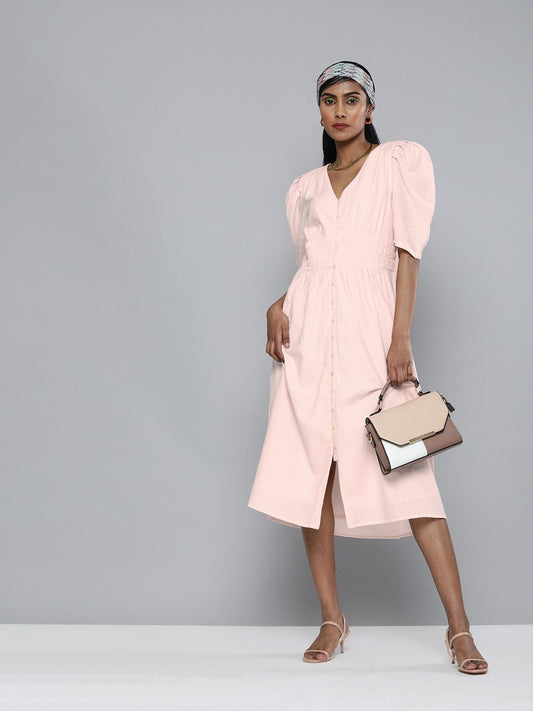 Puff Sleeves Pink Front buttoned Dress