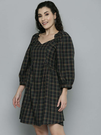Puff Sleeves Check Dress